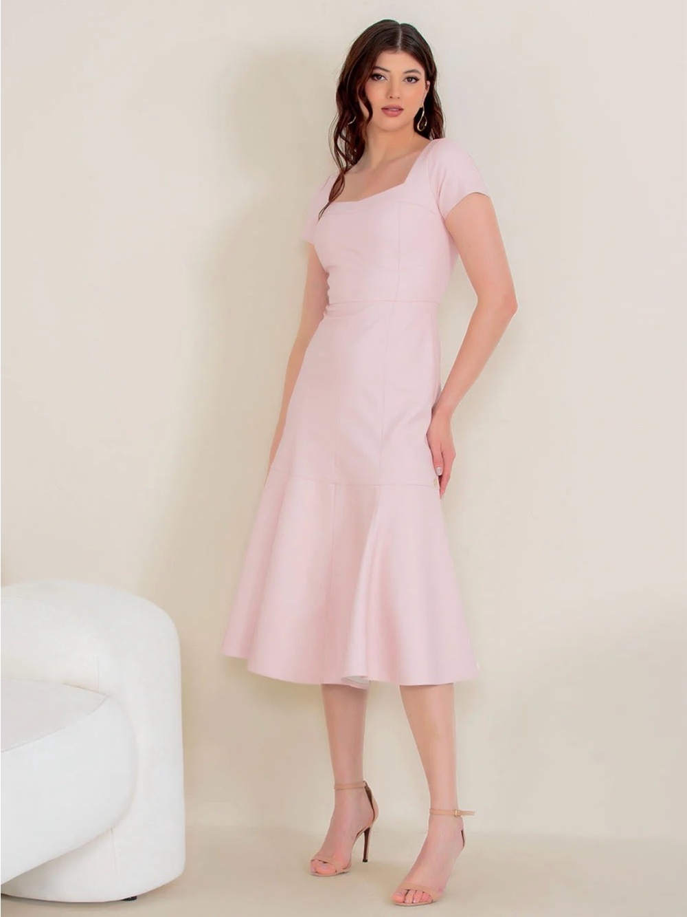 Soft Pink Square-Neck Midi Dress with Flared Hem